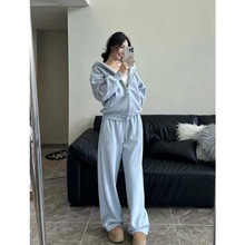 大码简约色休闲运动套装女秋冬胖妹妹连帽外套+阔腿裤两件套