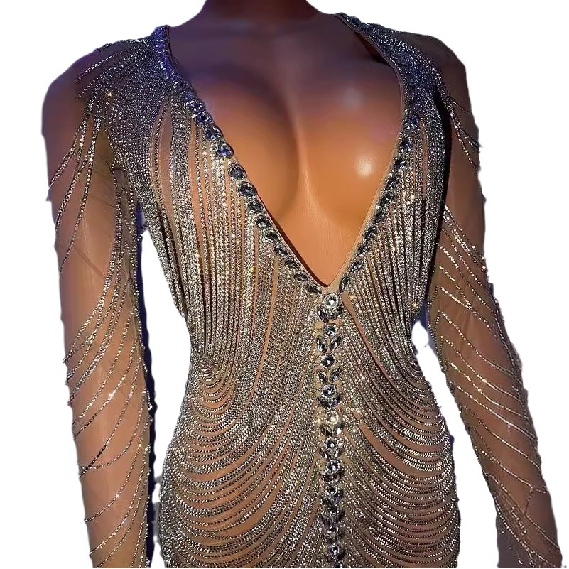 Cantante femenina anfitrión plata stretch rhinestone diamante cadena borla adelgazamiento vaina falda rendimiento vestido desgaste de la etapa