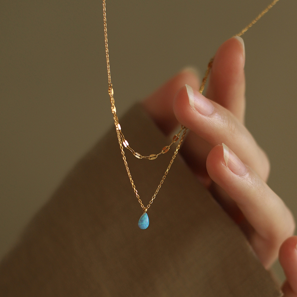 Linglang Blue Tears Water Drop Pendant Necklace 18K Gold Plated Layered Necklace Gold Chain Layering Jewelry