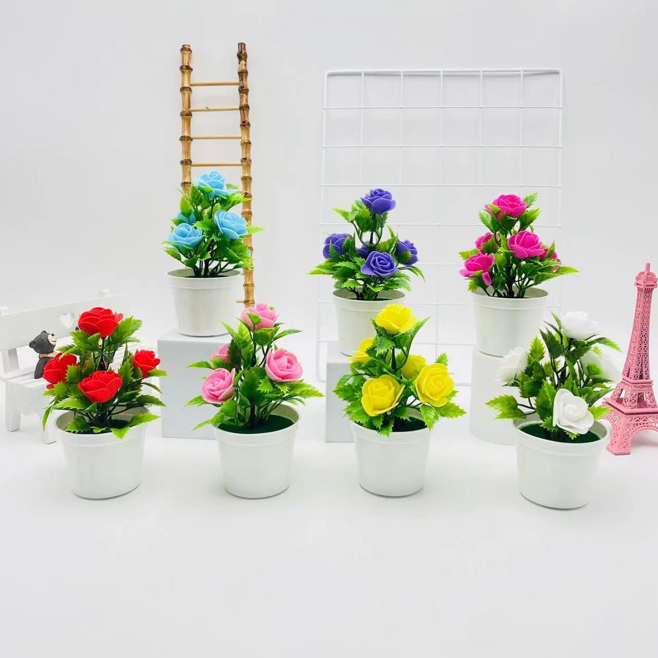 圆盆五朵泡沫玫瑰盆栽室内婚纱拍摄仿真假花道具客厅装饰绿植盆景