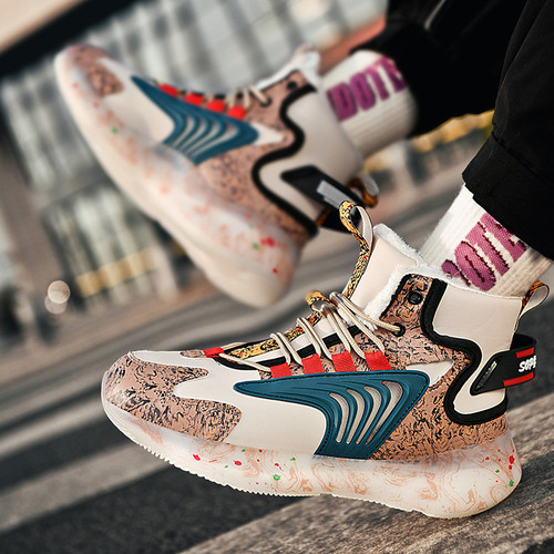 Shoes men's foreign trade large size winter high-top basketball shoes couples running popcorn plus velvet trendy shoes men's sports shoes