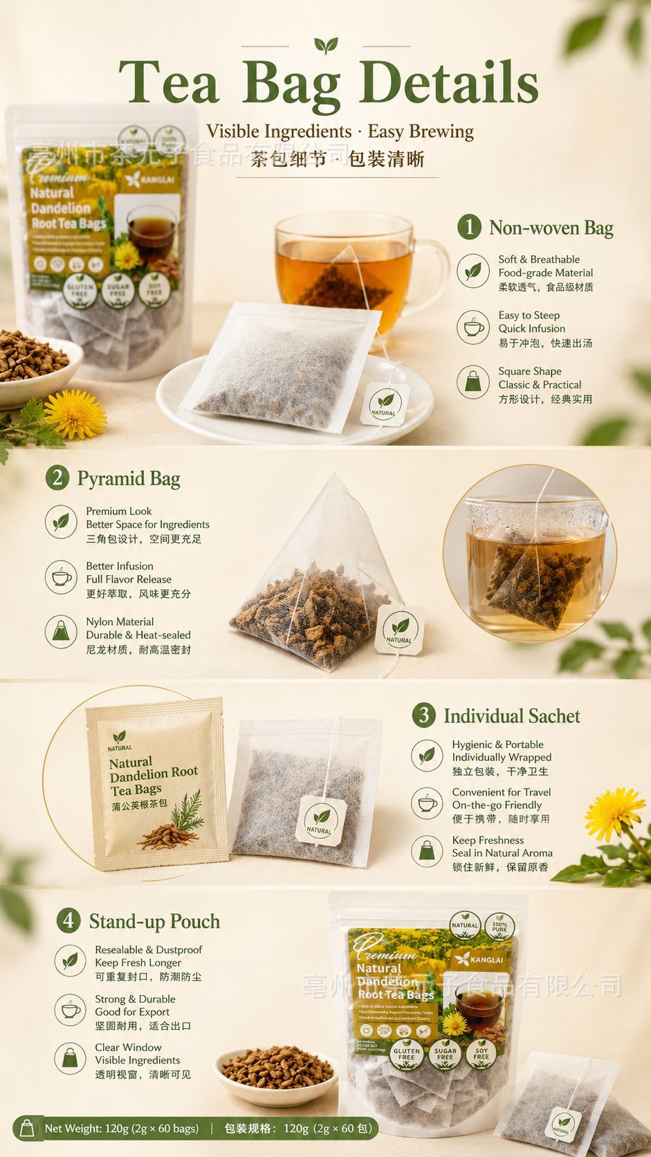 Dandelion Root Tea Bags Pu Gong Ying 60 Bags Roasted Herbal Tea Caffeine Free Daily Brew specifications