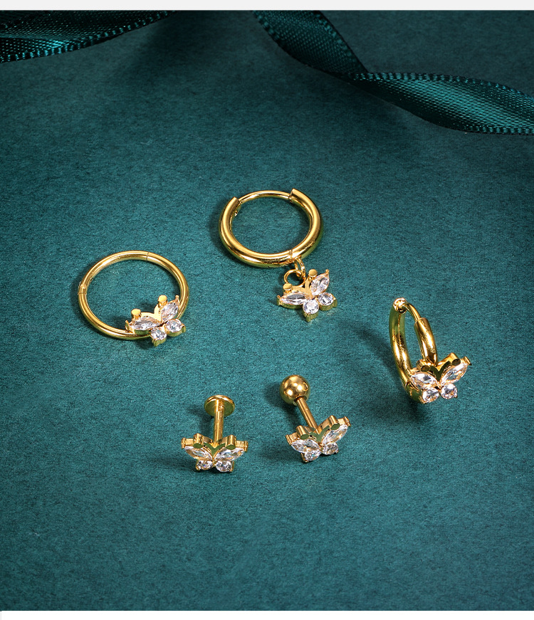 Fashion Butterfly Stainless Steel Zircon Hoop Earrings Ear Studs 1 Piece