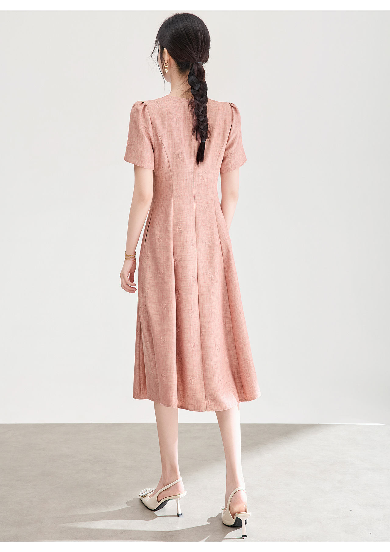 Đầm chữ A nữ cao eo họa tiết jacquard nơ — màu hồng chi tiết 15