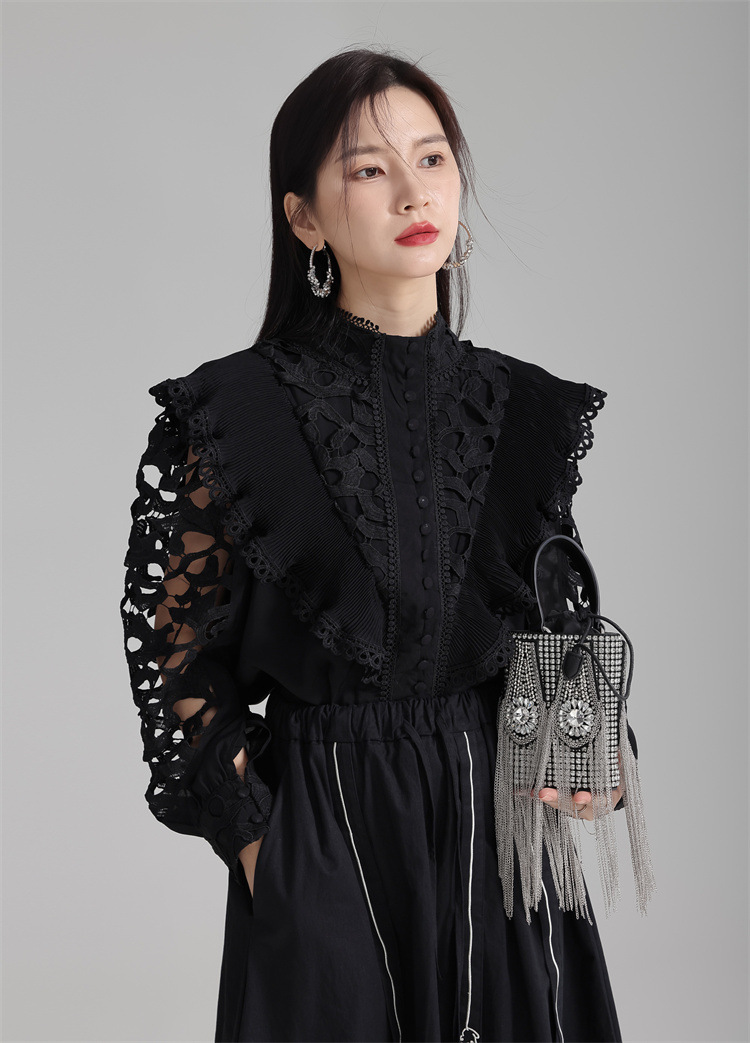 法米姿 早春新款宫廷风法式刺绣镂空衬衫显瘦别致立领上衣