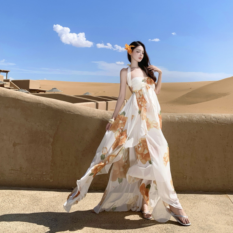 Two-way wear halter neck dress, high-end irregular strapless backless long skirt, fairy dress for seaside vacation