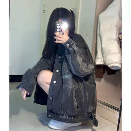 春秋新款酷盐系夹克时尚炸街扎染牛仔外套女bf慵懒风小众宽松上衣