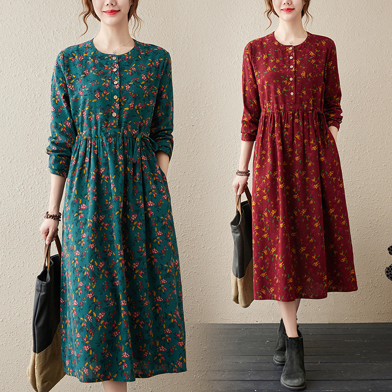 Artistic Retro Floral Cotton Linen Long-sleeved Dress Autumn Tight Waist Lace-up Loose Slimming Large Swing Base Long Dress for Women Artistic Retro Floral Cotton Linen Long-sleeved Dress Autumn Tight Waist Lace-up Loose Slimming Large Swing Base Long Dress for Women