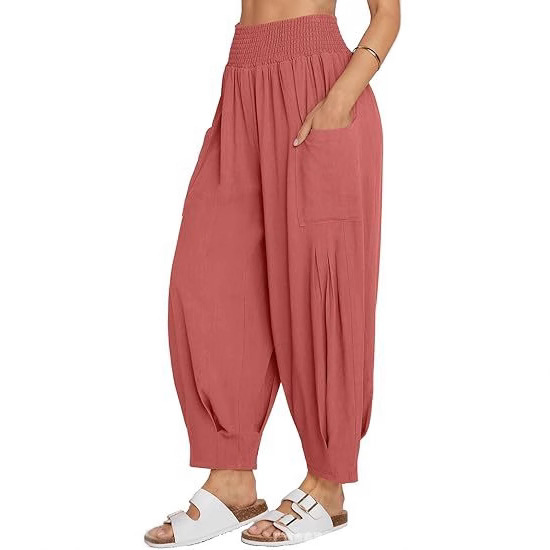 2025 Cross-border Women's Cotton and Linen Bohemian Pants Summer Casual Loose High Waist Workwear Casual Hallen Pants