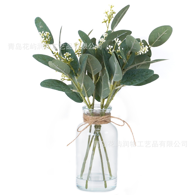 跨境假水滴胶绿植尤加利桉树叶仿真花玻璃瓶仿真绿植家居装饰摆件