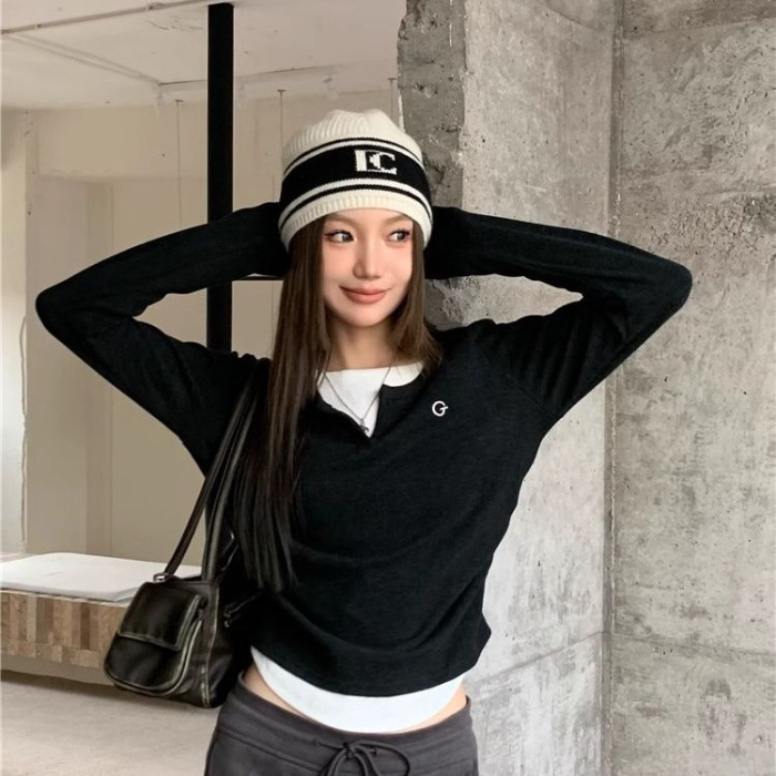 外贸新款假两件褶皱设计长袖T恤女秋冬时尚修身百搭打底上衣女T潮|undefined