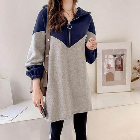 Early Autumn New Plus Size Women's Loose Mid-Length Contrast Sweatshirt Women's Hooded Thin Jacket Fat mm Sister Top