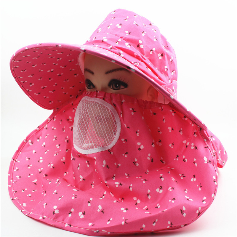 对对花遮阳帽女夏季披肩帽 口罩面罩采茶帽小草莓披肩帽涤棉