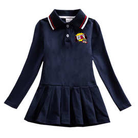 Polo衫外贸棉质童装春秋学生儿童连衣裙女孩宝宝洋气长袖百褶裙子