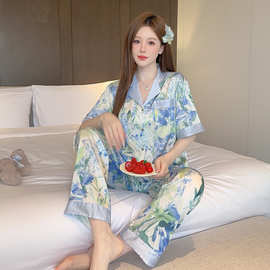 夏季睡衣女冰丝薄款短袖长裤套装印花休闲高级感轻奢风家居服