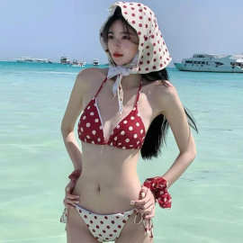 新款韩版撞色红色波点小清新泳池温泉泳衣女分体三件套比基尼泳装
