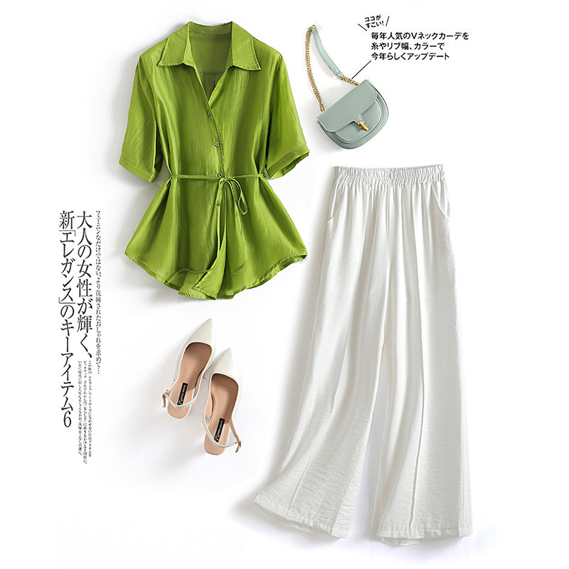 Tencel Top Paired with Wide-Leg Pants Two-Piece Set 2024 Summer New Style Mid-Sleeve Shirt with Wide-Leg Pants Set 8811 Tencel Top Paired with Wide-Leg Pants Two-Piece Set 2024 Summer New Style Mid-Sleeve Shirt with Wide-Leg Pants Set 8811