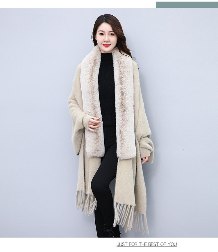 Medium long fur collar cape cape large size knitted cardigan fringe with a cape woman_voghion.com
