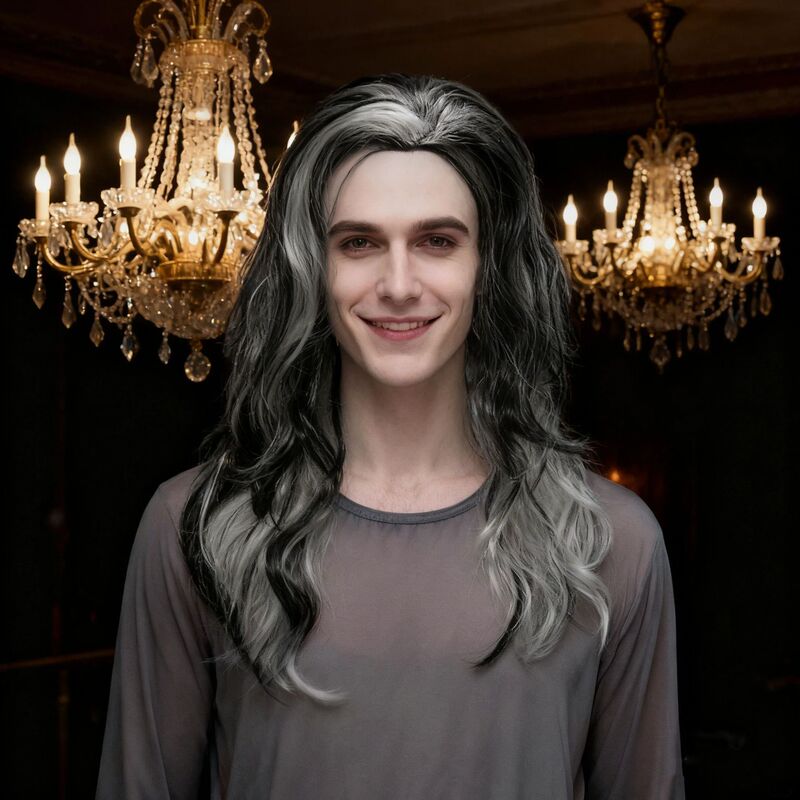 European and American Cross-Border New Product Werewolf Cosplay Wig Vampire Black and White Side-Parted Long Style Halloween Highlights Quirky Party