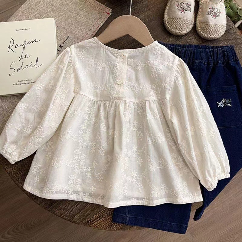 Mori-style children's base layer shirt, new spring and autumn style, fashionable children's girl autumn clothing, lace embroidered flower shirt