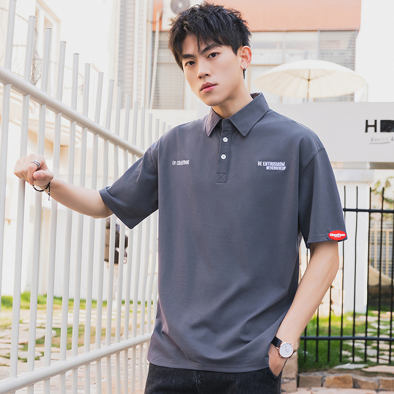 polo衫短袖t恤 男士新款潮牌服装半袖打底衫男宽松落肩休闲体恤