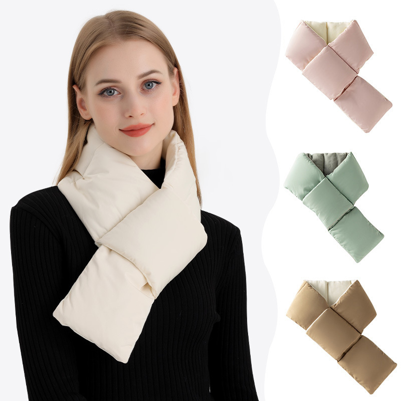 Winter Warm Scarf Women's Outdoor Sports Skiing Cold Cross Down Cotton Plush Pocket Neck_voghion.com