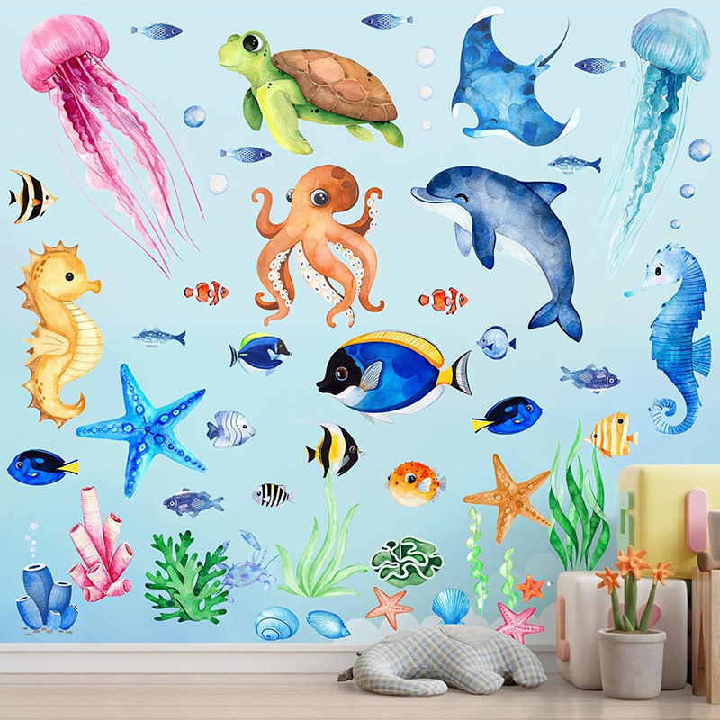 Summer Ocean Cartoon Dolphin Wall Stickers Undersea Animals Children's Room Bedroom Self-Adhesive Pvc Stickers Bathroom Decoration