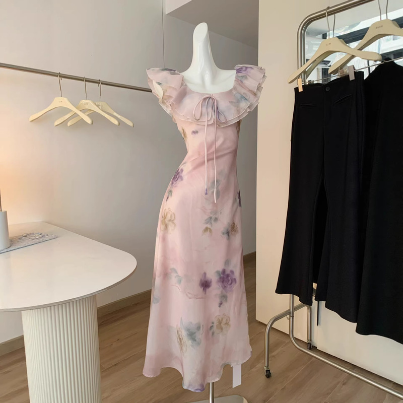 "Xinxing" Pink French-Style Elegant Vacation-Style One-Shoulder Printed Dress with Ruffled Edges and Gradient Long Skirt for Women "Xinxing" Pink French-Style Elegant Vacation-Style One-Shoulder Printed Dress with Ruffled Edges and Gradient Long Skirt for Women