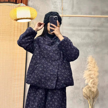 复古冬季款印花斜襟盘扣棉衣女加厚宽松显瘦保暖棉服百搭棉袄外套