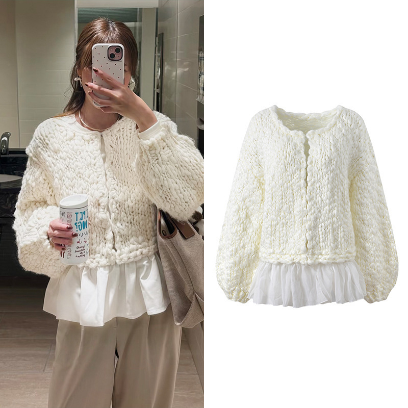 2025 Autumn and Winter New Style Thick-Knit Hem Patchwork Loose and Lazy Style Fashionable Versatile Round-Neck Knit Cardigan