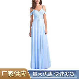 女式露肩雪纺 A 字型褶边伴娘礼服长款晚礼服舞会派对正式礼服