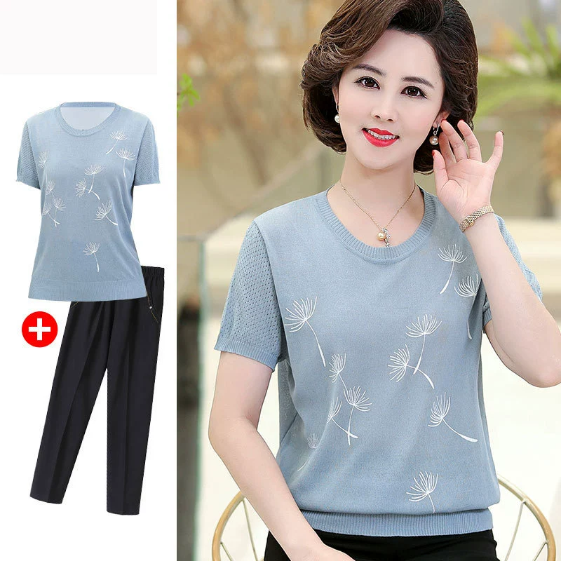 Мама среднего возраста 2022 Новая летняя одежда, костюм, Модный женский топ из ледяного шелка для среднего и пожилого возраста, футболка, костюм из двух частей в западном стиле