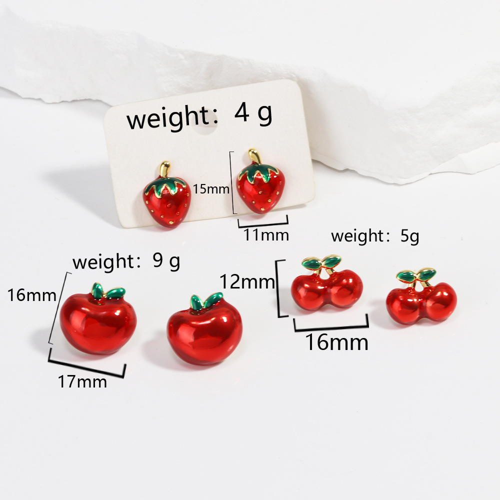 8g Weight Copper Ear Needle Material Ear Studs Classification 1 Pair Quantity Holiday, Daily Occasion Copper Material Cherry, Apple, Strawberry Pattern All Seasons Season Women's Gender Enamel Design Cute Style 1 Pair Cute Cherry Apple Strawberry Enamel Copper Ear Studs 无