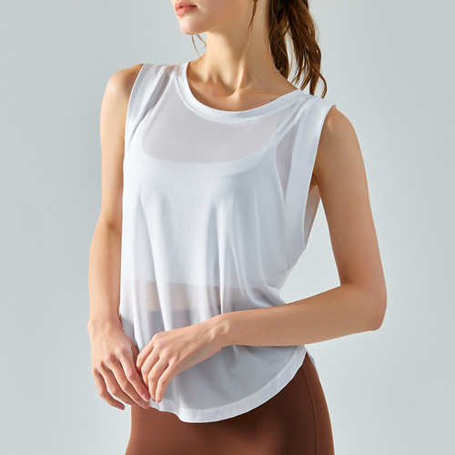 Summer new mesh splicing sports vest for women, loose, seamless, breathable, loose blouse, running fitness yoga wear