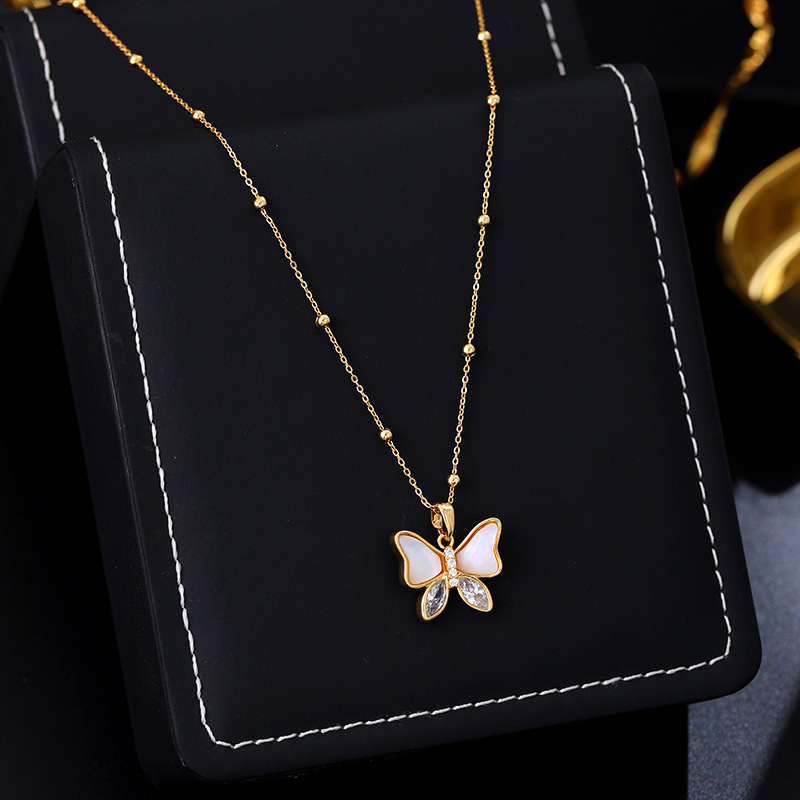 《高版本不掉色18k金厚度0.05+電泳+拋數++4》天然白貝母蝴蝶項鍊