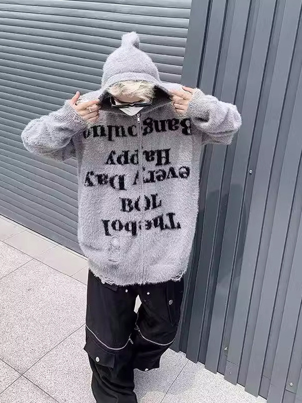 水貂绒毛衣男连帽冬季加厚破洞针织衫秋冬款美式高街潮牌拉链外套|undefined