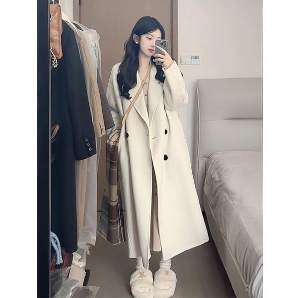 燕麦色双面毛呢大衣女2025秋冬新款韩版宽松中长款过膝呢外套|undefined