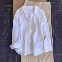 法式感白色天丝仿亚麻防晒衬衫女夏季薄款宽松休闲翻领棉麻上衣