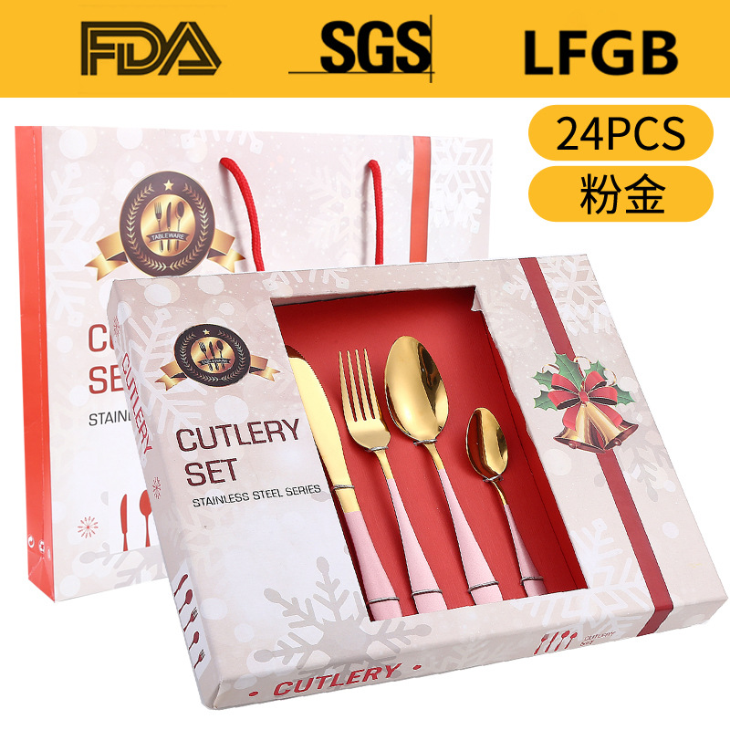 Amazon popular vajilla de acero inoxidable 24 piezas traje 1012 cuatro piezas principales cuchillo de comida occidental, tenedor y cuchara traje de caja de regalo de Navidad