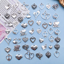 混50个简约镂空藏银爱心合金吊坠吊牌手工串珠手链桃心挂件材料包