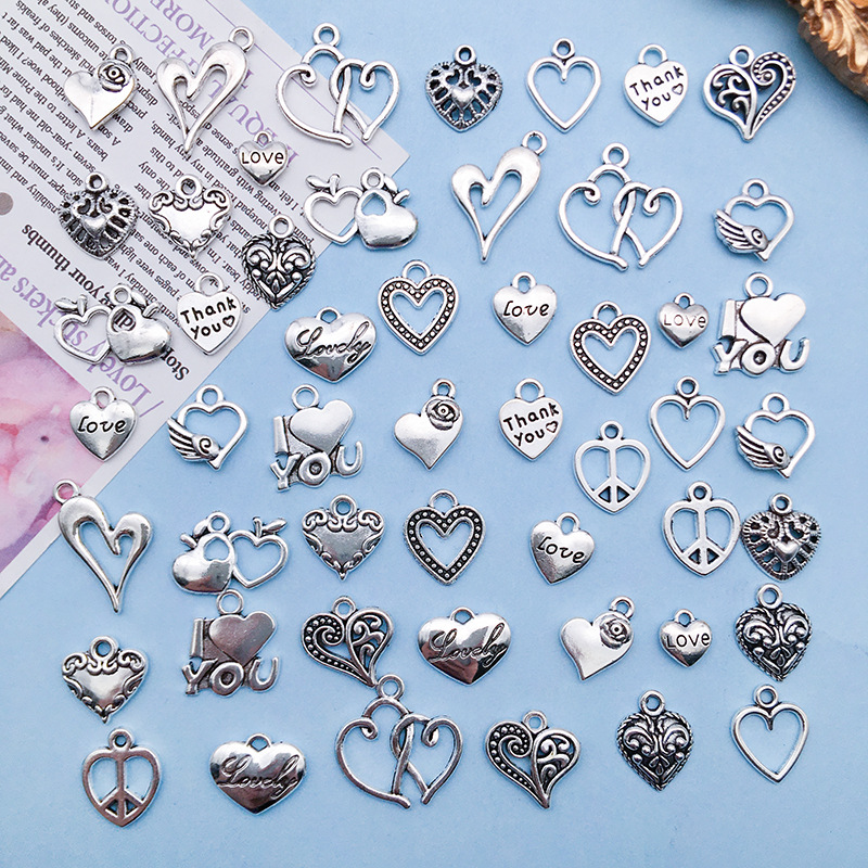 混50个简约镂空藏银爱心合金吊坠吊牌手工串珠手链桃心挂件材料包