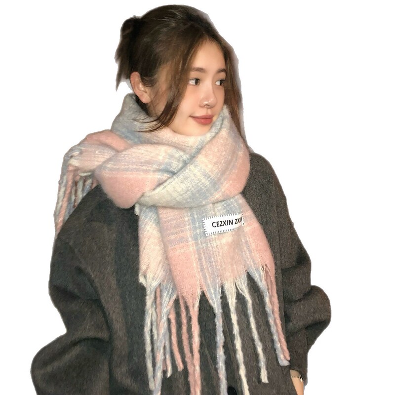 韩系马海毛氛围感粉色格纹围巾女冬季保暖百搭流苏长款围脖批发|undefined