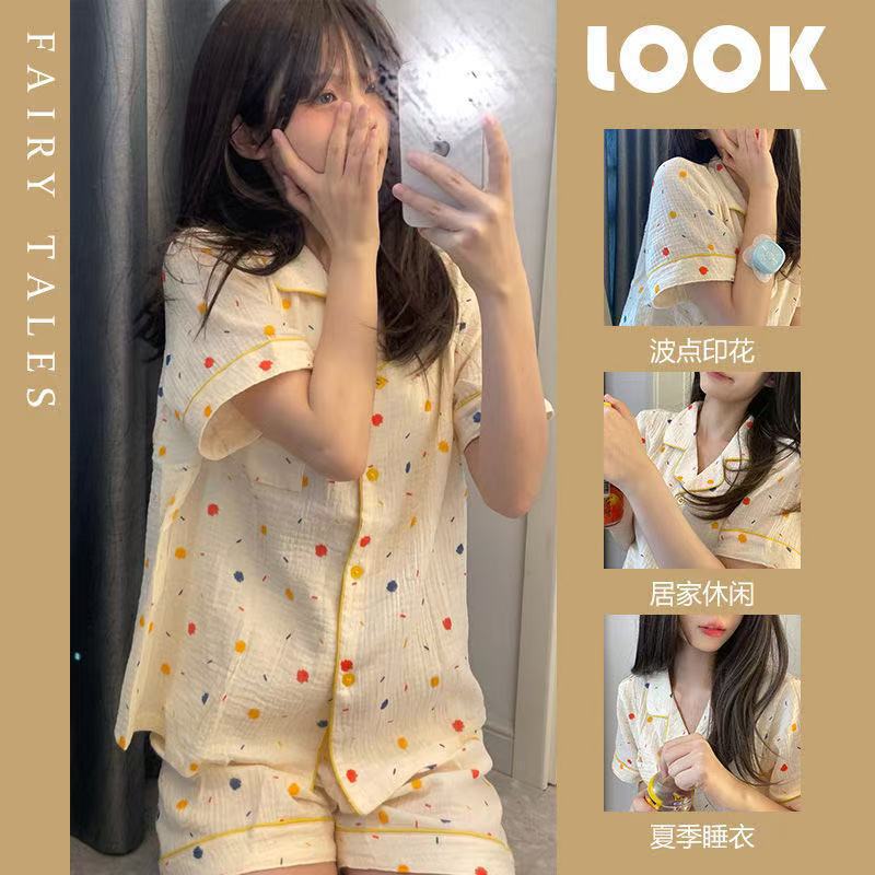 Niña linda solapa pijama de gasa mujer verano oso algodón y lino pantalones cortos de manga corta camisón traje de servicio a domicilio simple image 14