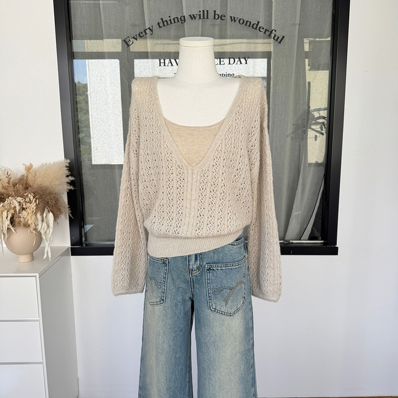 Seoul Vacation ~ V-Neck Long Mohair Hollow Top Women's Autumn Cable Knit Cover-Up/Strap Two-Piece Set Seoul Vacation ~ V-Neck Long Mohair Hollow Top Women's Autumn Cable Knit Cover-Up/Strap Two-Piece Set