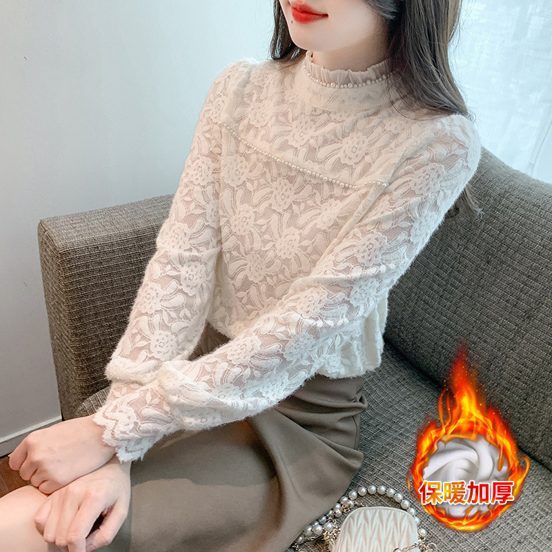 열 속옷 여성 기모 두꺼운 겨울 새로운 패션 아우터 착용 타이트한 레이스베이스 셔츠 하이 엔드 리치 여성 탑