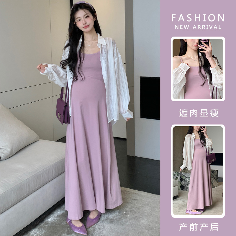 妊婦服2025春夏セットファッション辛い母がやせて弾力的なサスペンダースカート日焼け止めシャツ2点セット