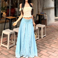 リゾート風砕花レース一字肩袖なし上着女性夏デザイン感ハイウエスト刺繍半身ロングスカートセット
