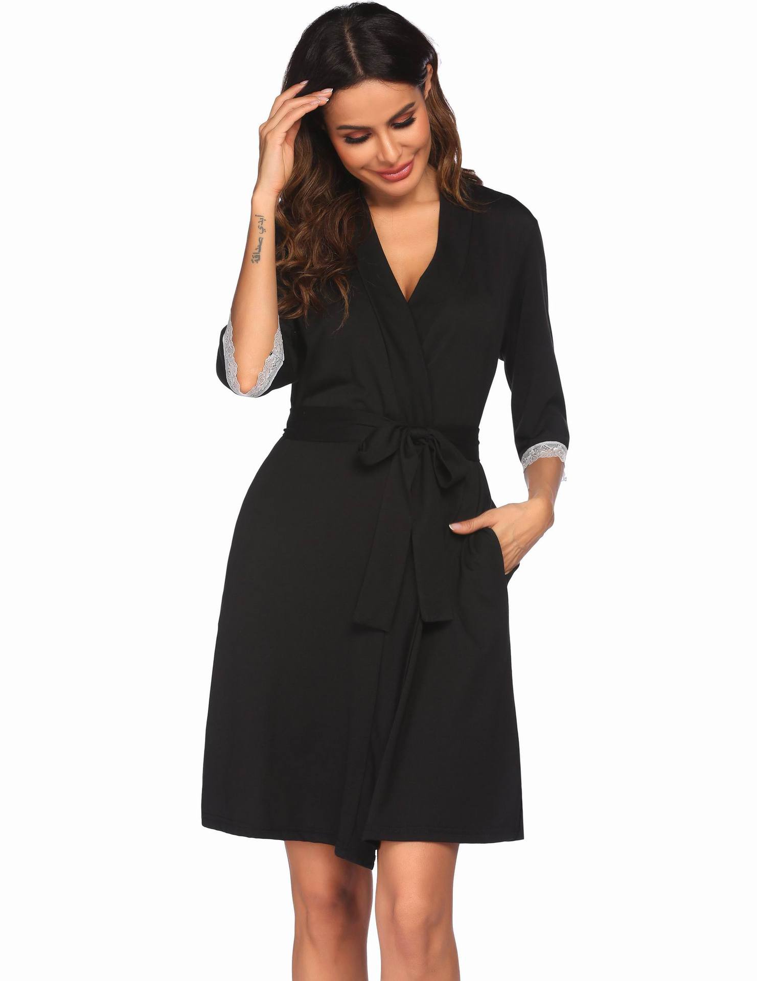 Spring and summer clothes, bathrobes, lace patchwork, 3/4 sleeves, short pajamas, women's_voghion.com