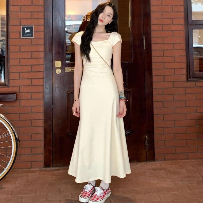 Pure Desire Style French Dress Extended Square Neck French First Love Platycodon Grandiflorum Dress Elegant Long Dress Seasonal Slimming Dress