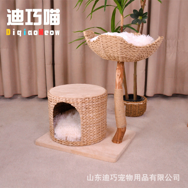 Cama para gatos de madera de pera, casa para gatos, marco para gatear para gatos, resistente a la captura, casa para gatos tejida de ratán doble, marco para gatear para gatos, tabla de agarre para gatos, mascota de venta directa de fábrica